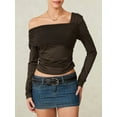 thumbnail image 5 of Caoirhny Womenacute;s Slim Ruched Tops Solid Color Asymmetric Off Shoulder Long Sleeve T-shirt Clubwear for Spring Summer, 5 of 9
