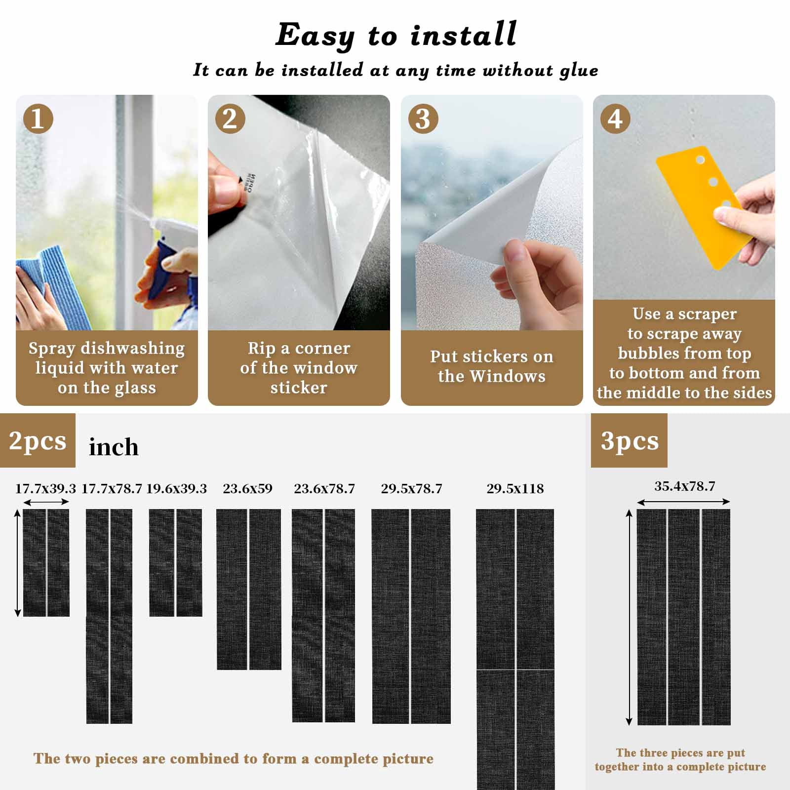 Static Cling Non Adhesive Window Film, Black Window Privacy Film Frosted, Farmhouse Burlap Solid Black Color Modern Linen Texture Opaque Window Coverings for Small Windows, Home, 17.7 x 39.3 Inches