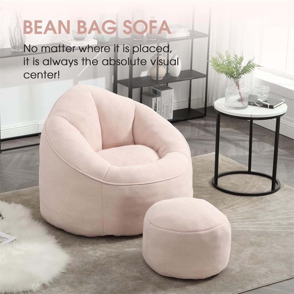 Bean Bag Chair for Adult, Upholstered Bean Bag Sofa with Footstool and Petal Back, Memory Foam Stuffed Bean Bag Couch for Living Room, Bedroom, Apartment, Pink