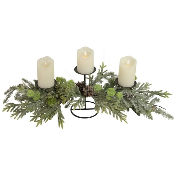 Northlight Triple Candle Holder with Frosted Foliage and Pine Cones Christmas Decoration - 26"