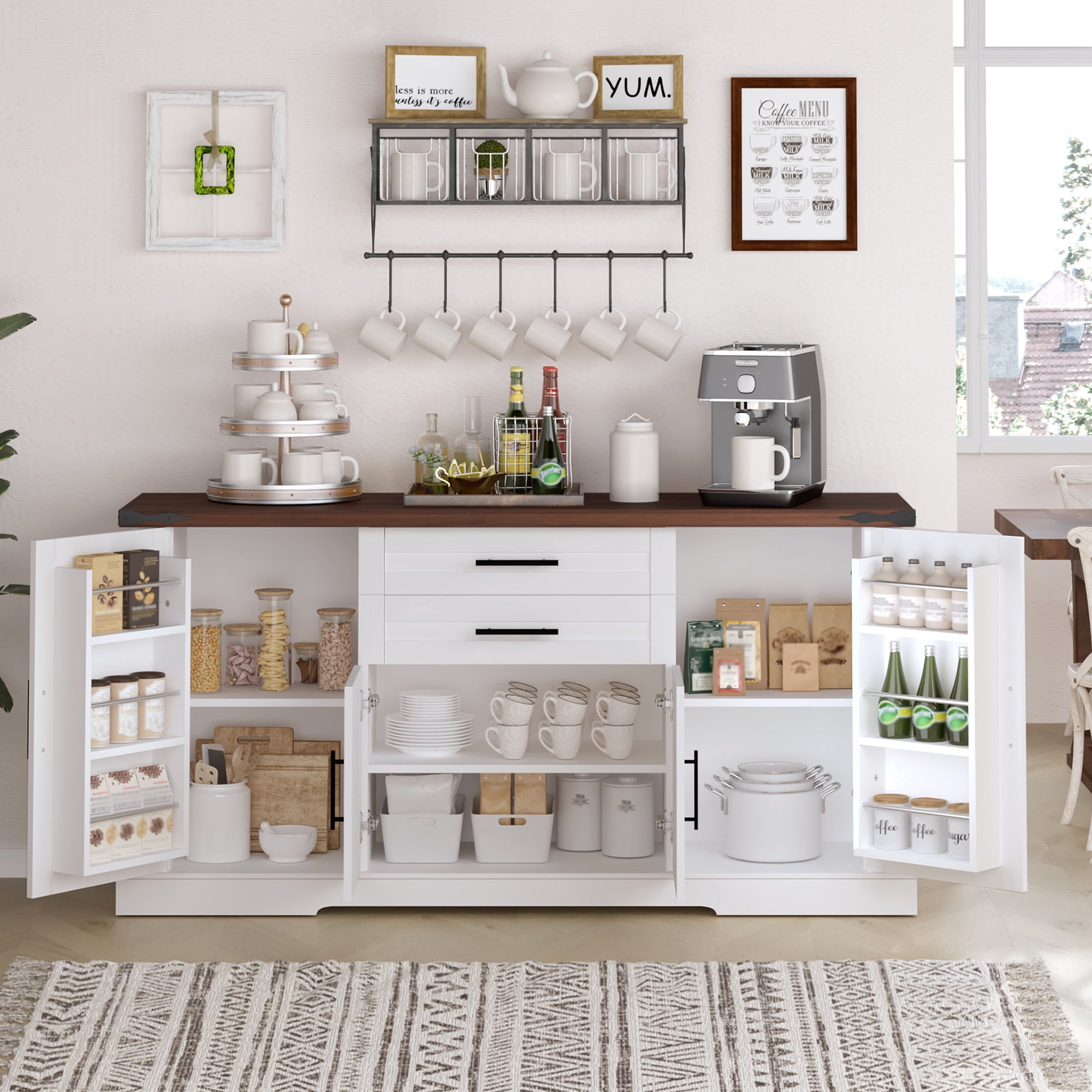 Mintazer 63" Farmhouse Sideboard Buffet Cabinet with 2 Drawers & Door Rack, Modern Storage Cabinet with Adjustable Shelves for Entryway Kitchen Living Room Dining Room, White