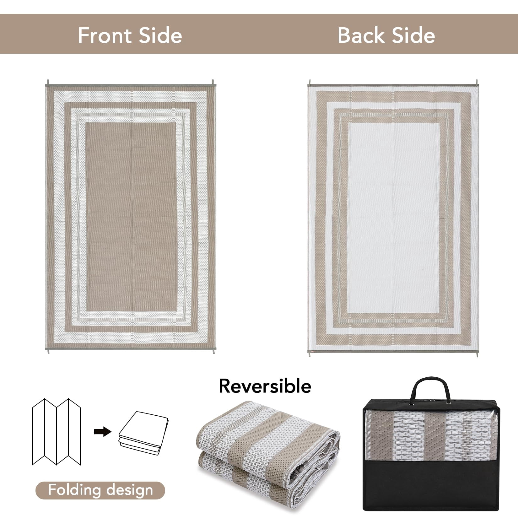 Outdoor Plastic Straw Rug 8x10 Reversible Patio Rug Outdoor Rug Waterproof Camping Rug Portable Outdoor Floor Mat for RV Porch Balcony Patio Camping Picnic Beach Grey Beige Panel