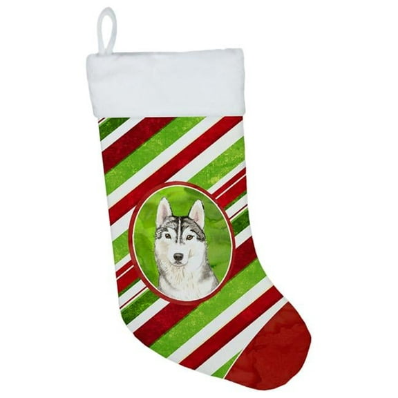 Caroline's Treasures Siberian Husky Candy Stripe Multi-color Christmas Stocking, with Soft Suede Fabric 18"