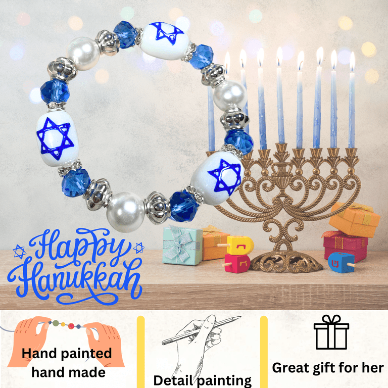 Hanukkah Star of David Beaded Bracelet, Blue & White photo 5