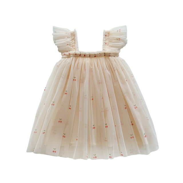 Robes Décontractées pour Bébés Filles Été en Maille Imprimé Dessin Animé Manches à Volants Danse Fête Princesse Robe de Rue, Beige, 18-24 Mois