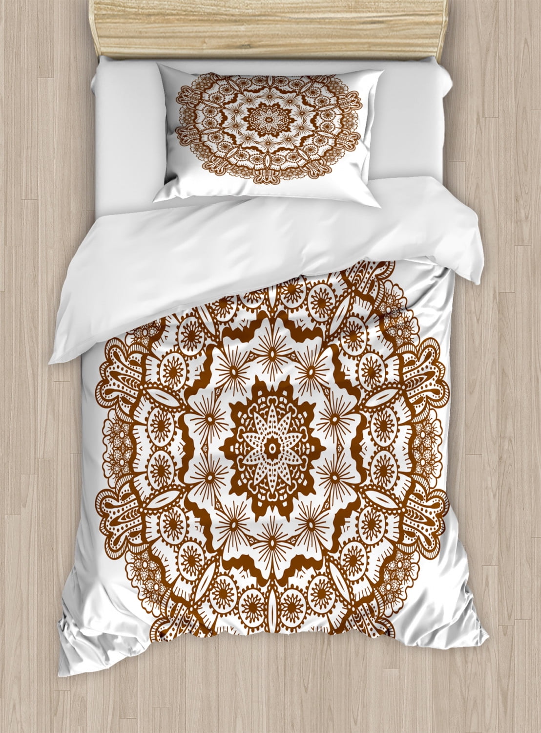 Brown Mandala Duvet Cover Set Twin Size, Kaleidoscope Inspired Round