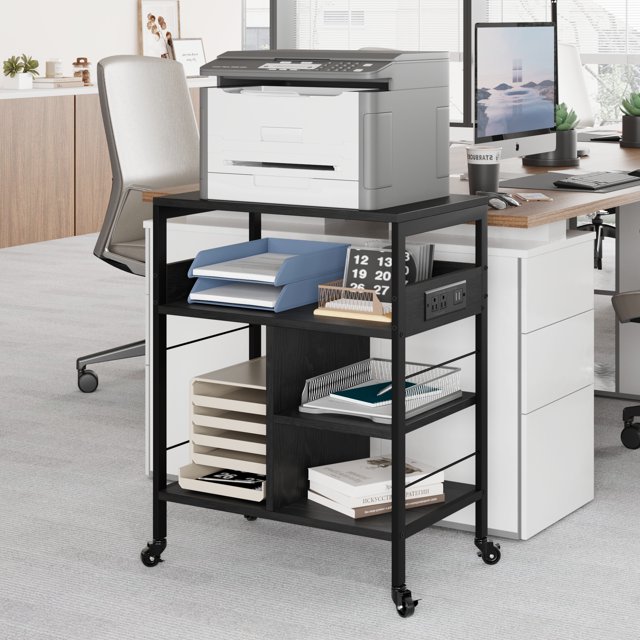Ourlova Support d'Imprimante avec Prises de Courant et Ports de Chargement USB Grande Table d'Imprimante avec Rangement Support d'Imprimante Roulant à 4 Niveaux avec Roues pour Bureau CPU Petit Espace
