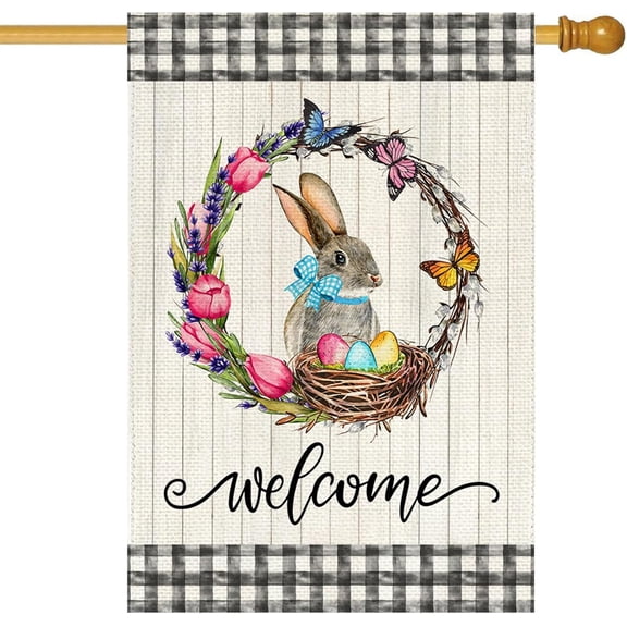 Tulip Wreath Bunny Easter House Flag Eggs Buffalo Plaid 28 x 40 Inch Large Yard Flag for Outside Double Sided Burlap Spring Holiday Outdoor Easter Decoration