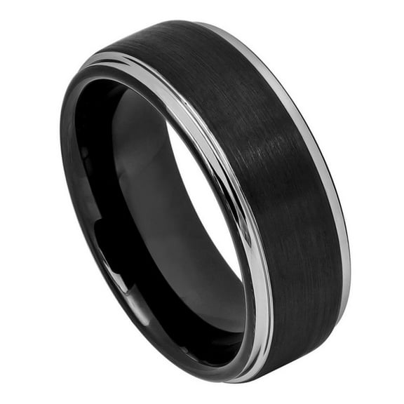 Custom Personalized Engraving Wedding Band Ring Set for Him & Her - 8mm Two-tone Black IP Brushed Center Steel Color Stepped Edge