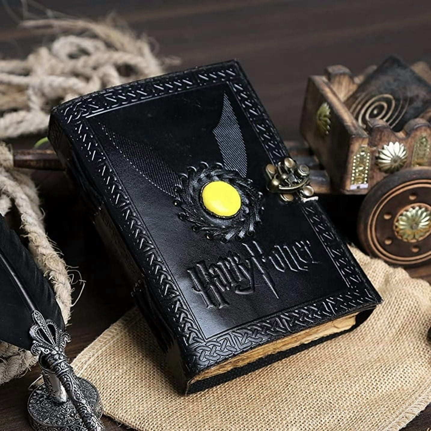 Harry Potter Vintage Leather Spell Book – Handmade Grimoire Journal with Stone, Deckle Edge Paper, Witchcraft Gift for Men & Women
