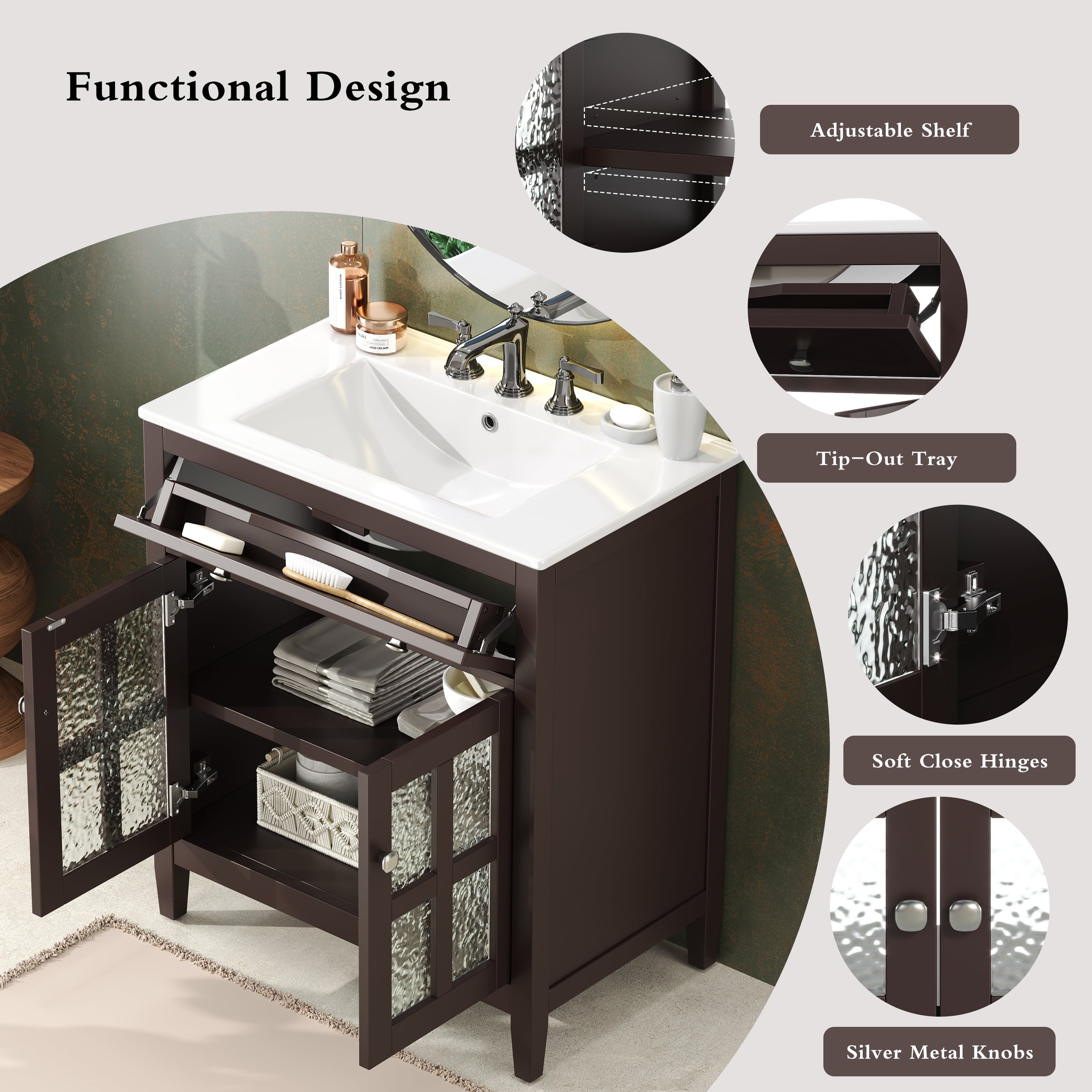 Euroco 30" Bathroom Vanity with Ceramic Sink, Equipped with Adjustable Shelf and Tip-Out Tray, Bathroom vanity with Solid Wood Legs, Silver Metal Knobs and Soft Close Hinges, Dark Brown