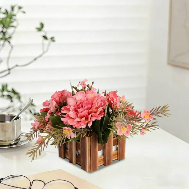 Plantas de plástico en macetas, flores simuladas, plantas en macetas, decoración del hogar, decoraciones de flores simuladas, cercas de madera, peonías simuladas, plantas en macetas, decoraciones de f
