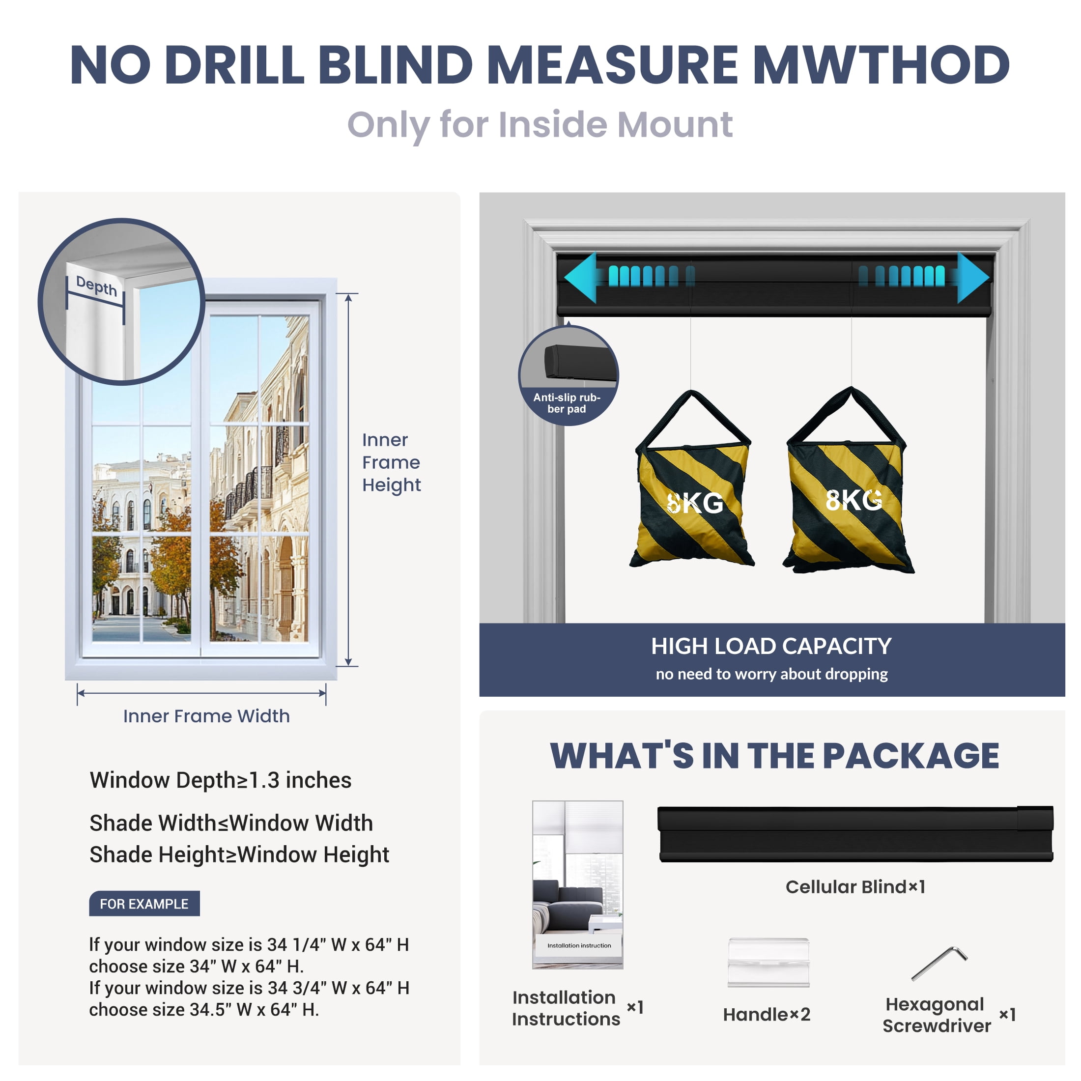 ZimJAHO No Drill No Tools Cellular Shades Cordless Top Down Bottom Up Honeycomb Blinds Blackout Window Blinds Easy to Install, Blackout-Black, 34"W x 64"H