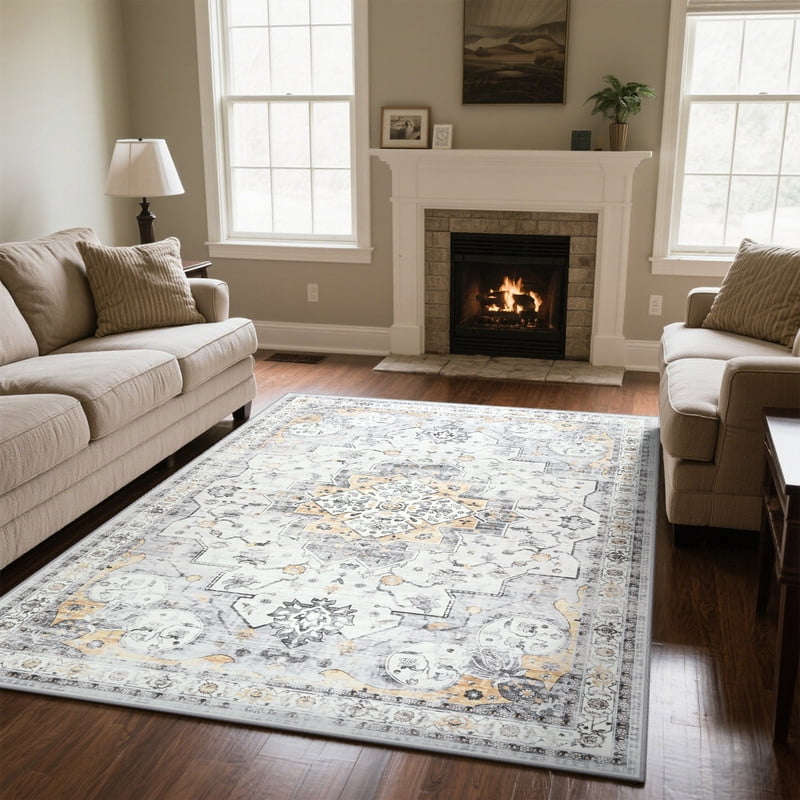 TWINNIS 8'x10'Area Rugs for Living Room Washable Rugs Boho Area Rug Non-Slip Carpet,Yellow Gray