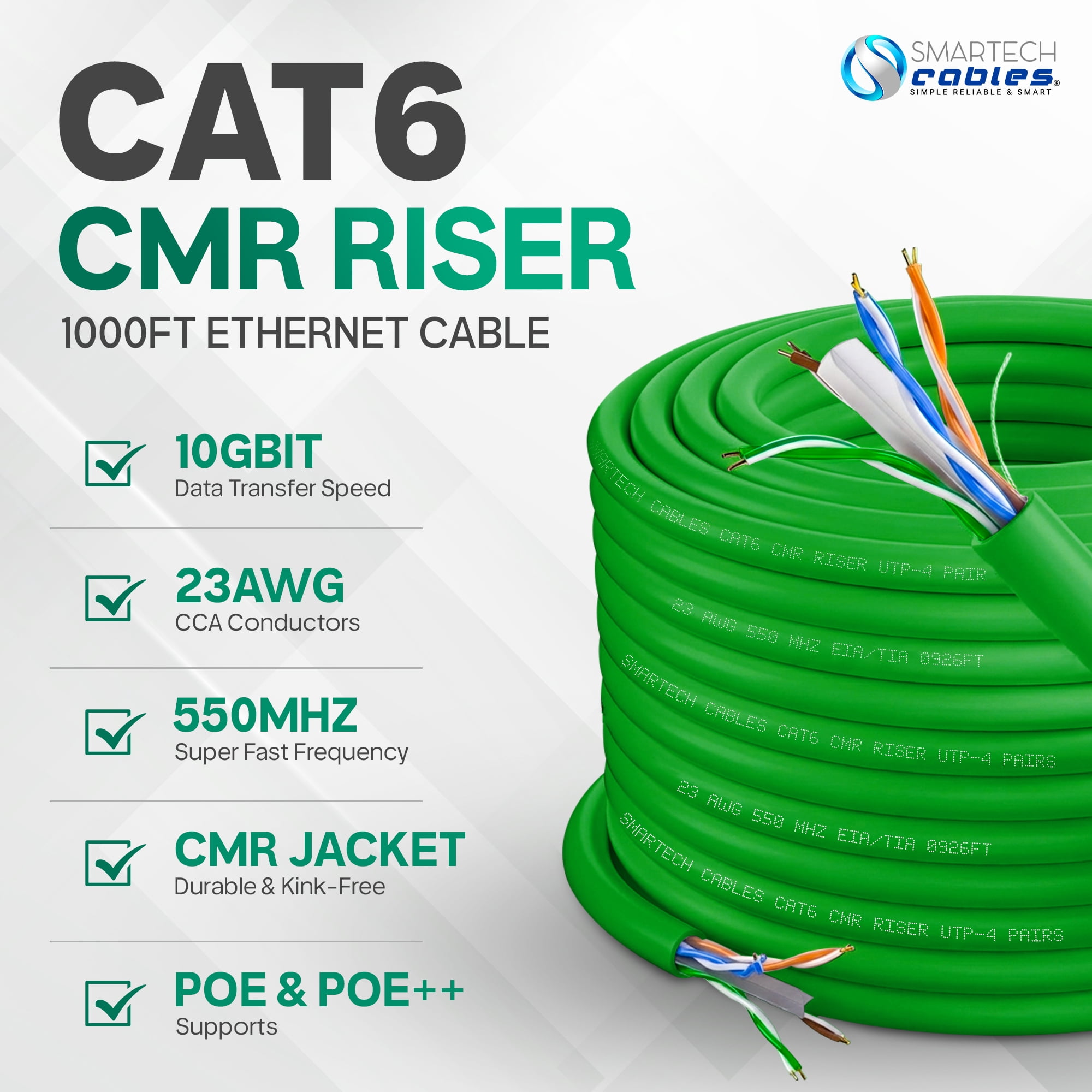 1000ft Cat6 Riser Cable Green – CMR, 23AWG UTP, 550MHz, 10Gbps | Easy Pull Box