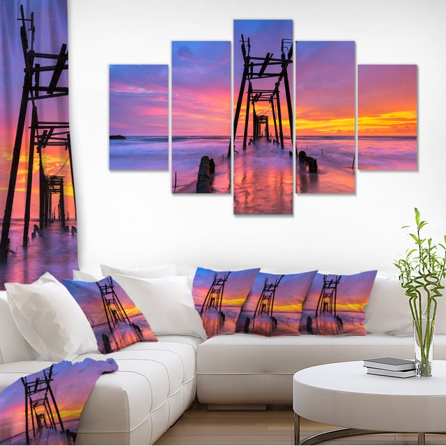 Discarded Wooden Bridge at Sunset - Pier Seascape Canvas Art Print