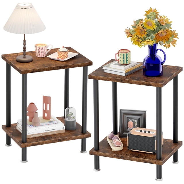 Juego de 2 Mesa Auxiliar, Mesitas de Noche para Recámara, Mesa Laterale para Sala, Muebles Buros Pequeña Apilables sin Herramientas, Mesa de Centro, Marrón y Negro