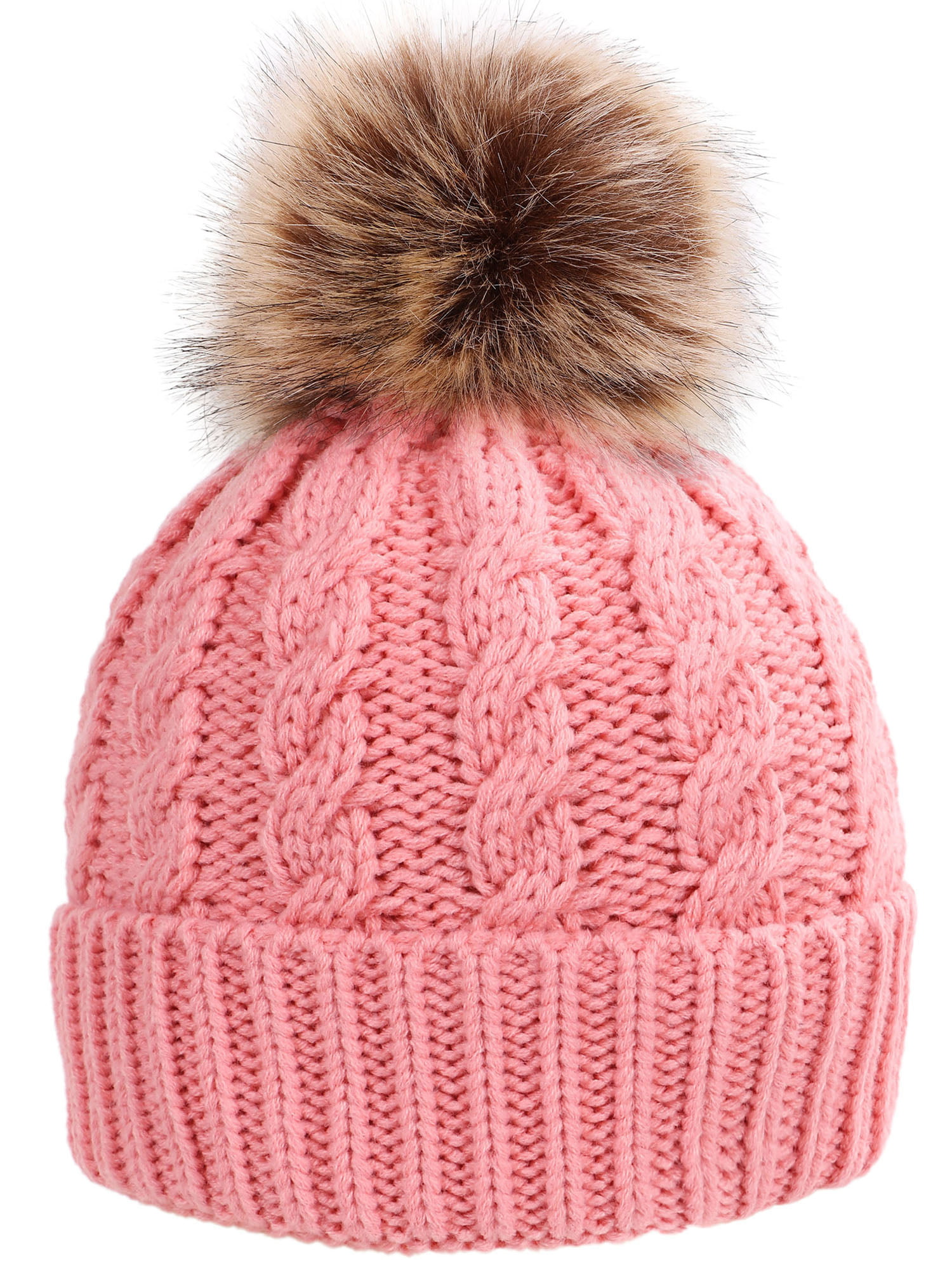 Baby Boy Girl Peachy Pink or Blue Fur Lined Chunky Knit Pom-Pom Hat LARGE FIT 