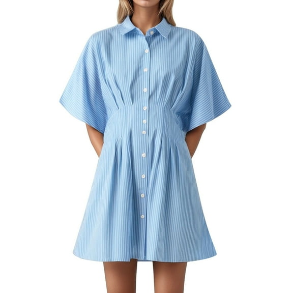 2025 Women's Summer Dresses for Women Tunic Button Down Dress Short Sleeves Striped Casual Lapel Collared Trendy Dress