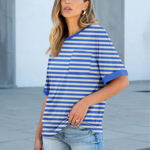 Women's Casual Blouse, Striped Print Short Sleeve Top with Pocket, Round Neck Lightweight Shirt for Everyday Wear