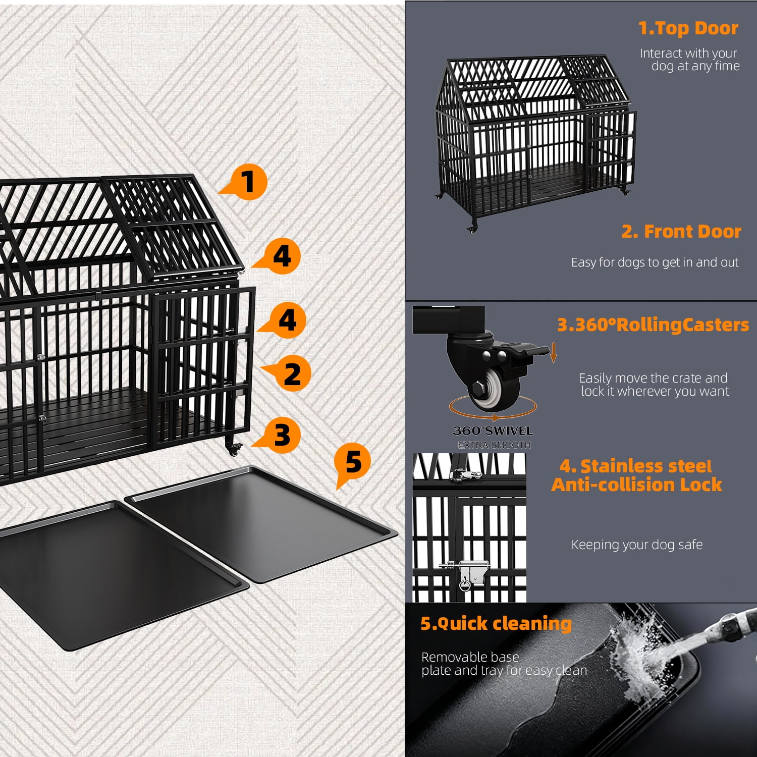 58 inch Heavy Duty Indestructible Dog Crate, Escape Proof Dog Cage Kennel with Lockable Wheels, High Anxiety Double Door, Extra Large Crate Indoor for Large Dog with Removable Tray