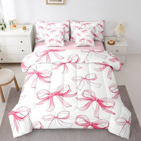 Erosebridal Princess Bowknot Bedding, Kawaii Ribbon Bed in a Bag, Teens Female Reversible Bed Set, Super Cozy Bedroom Decorative, 7pcs