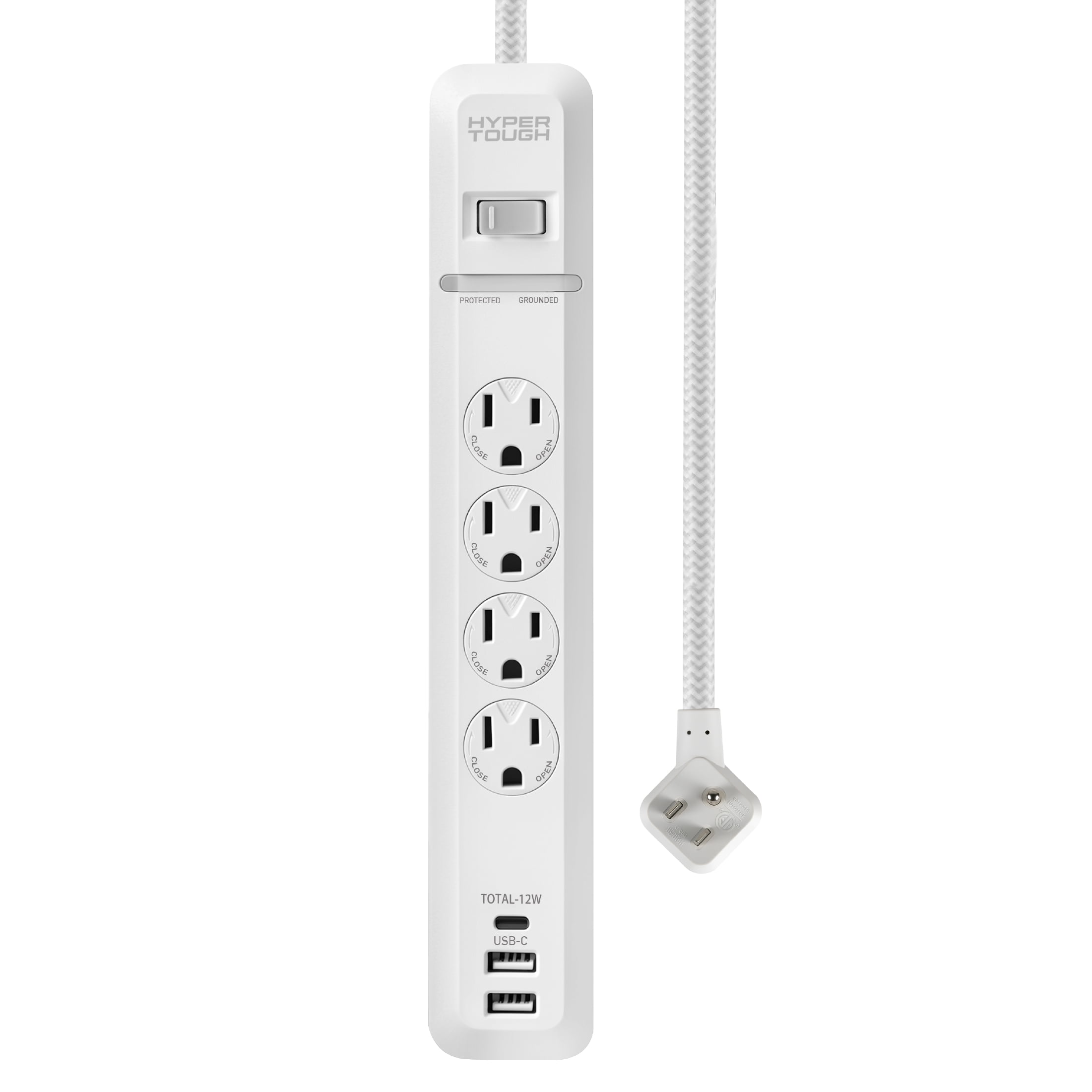 Hyper Tough Surge Protector Power Strip with 4 Outlet, USB Ports, 10 ft Braided Cord, White