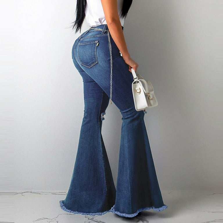 Qisiwole Women Bell Bottom Jeans Elastic Waist Ripped Flared Jean Destroyed Raw Hem Denim Pants, Women's, Size: 6(Medium), Blue