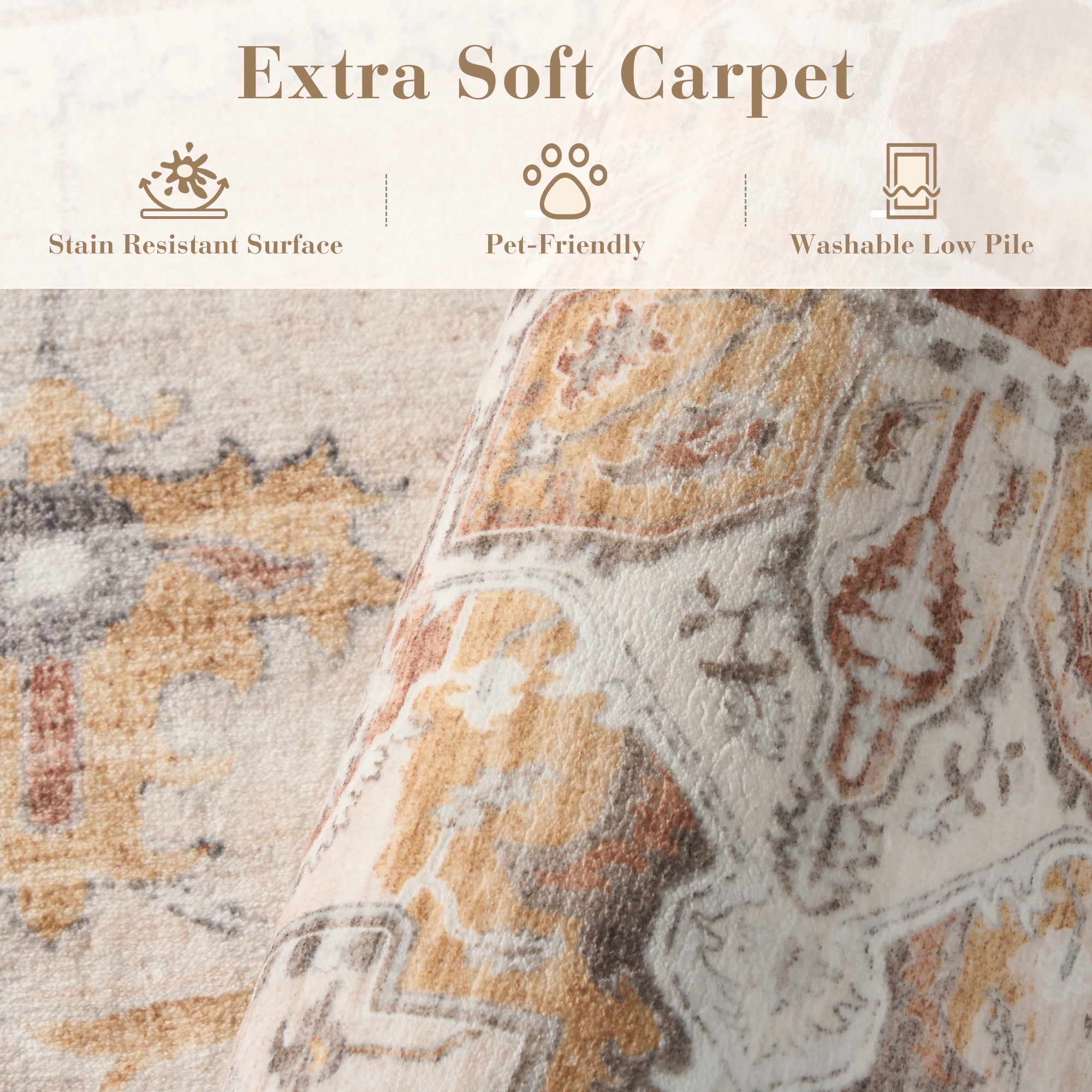 SIXHOME 4'x6' Area Rugs for Living Room Washable Traditional Distressed Carpet Non Slip Soft Retro Floral Indoor Throw Rug for Bedroom Dinning Room Vintage Orange