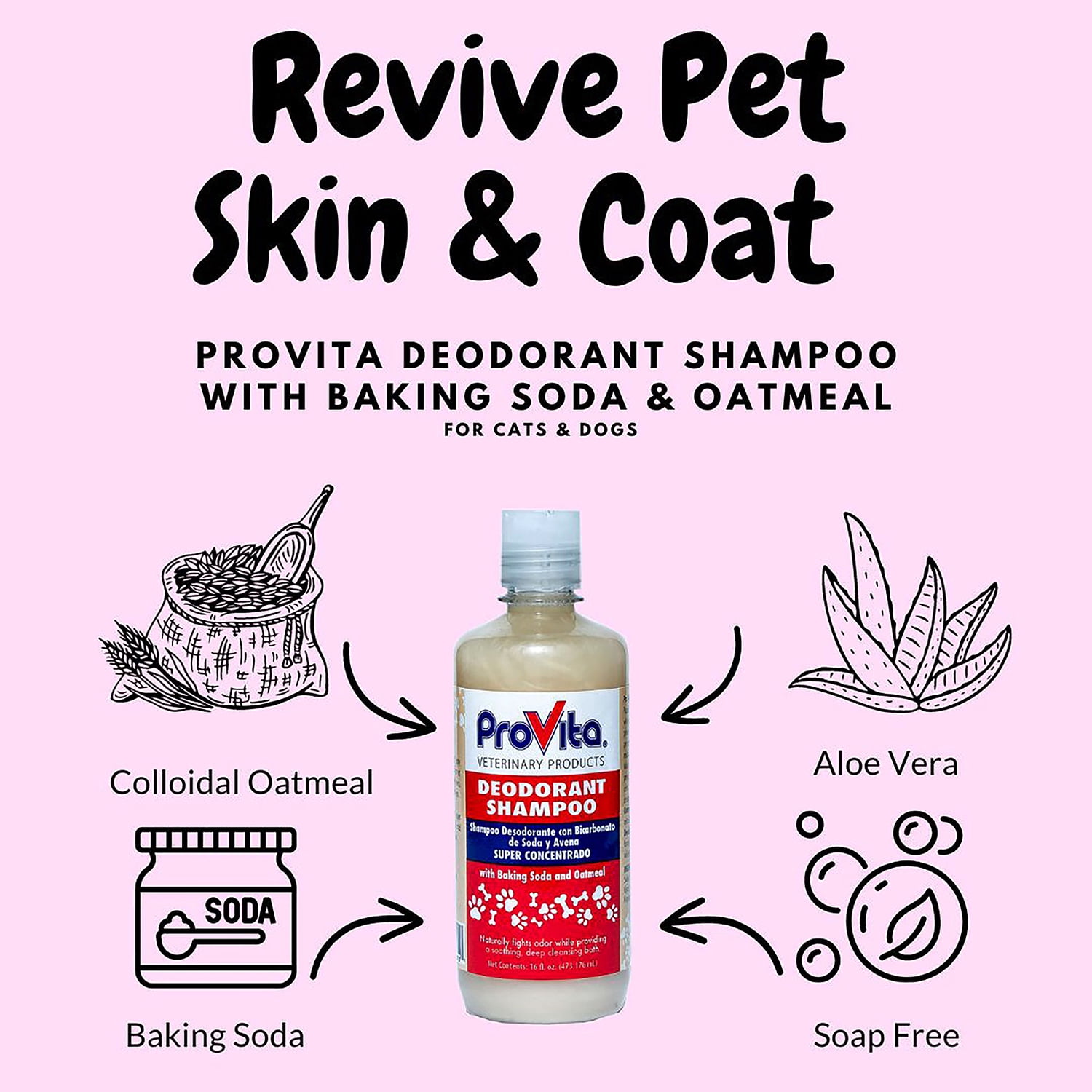 Provita Deodorant Shampoo with Oatmeal and Baking Soda for Cats and Dogs,16oz
