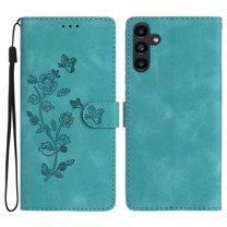 SaniMore Wallet Case for Samsung Galaxy A54 5G 6.4" 2023,  PU Leather Embossed Flower Shockproof [Card Slots   Cash Pocket   Removeable Wrist Strap] Kickstand Full Protective Business Shell, Blue