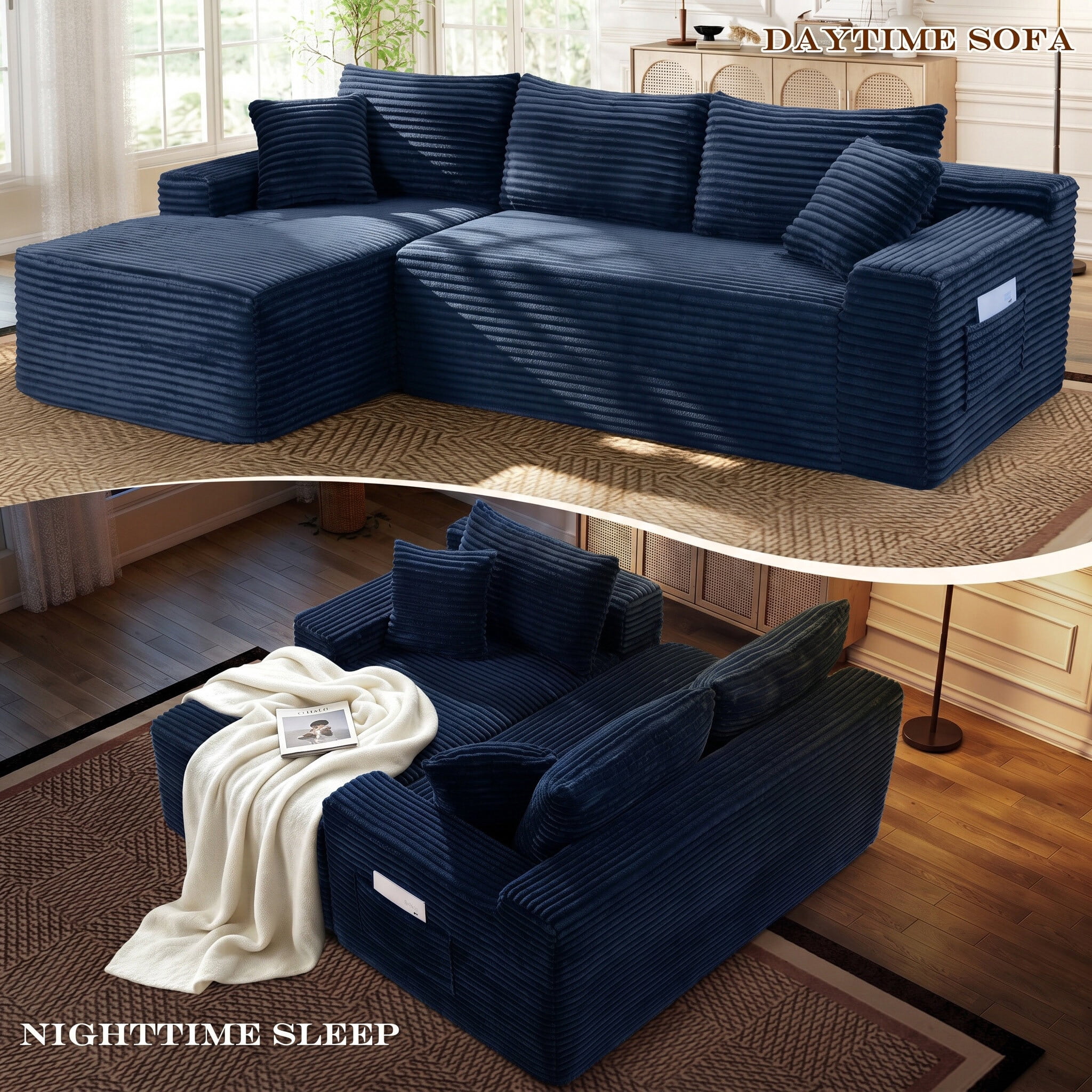 Lunale Small Modular Sectional Sofa with Movable Chaise, L-Shaped Boneless Cloud Couch for Living Room, Blue (Left Facing Chaise)