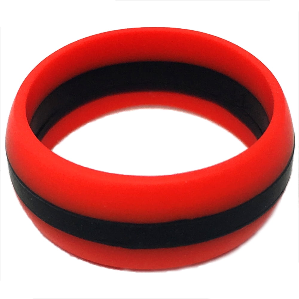 FSR - FLEXIBLE SILICON RINGS - 8MM Men or Ladies Flexible Red with Black Stripe Silicon Rubber Wedding Band Ring