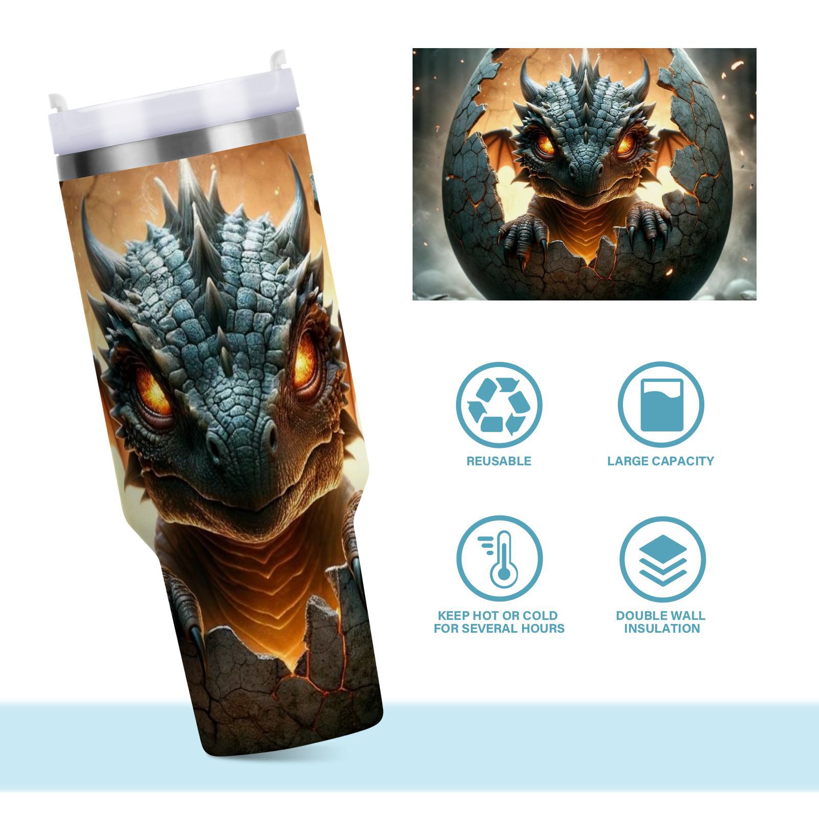 JSTEL Baby Dragon 30 oz Tumbler Stainless Steel Water Bottle Vacuum Insulated Cup with Straw Lid & Handle For Travel Car Cup Holder