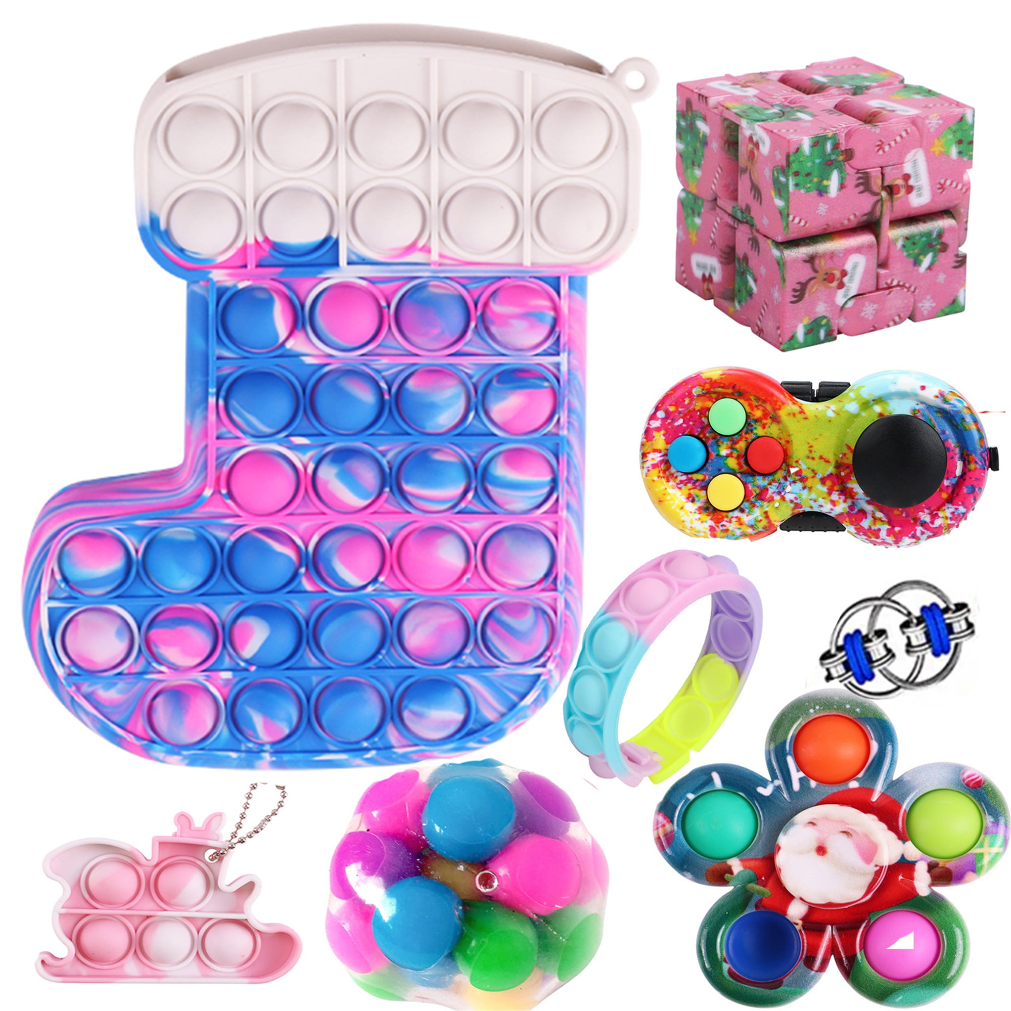 Small Fidget Cube Key Chain Toy Anxiety Relief Stocking Stuffers Pink on White 
