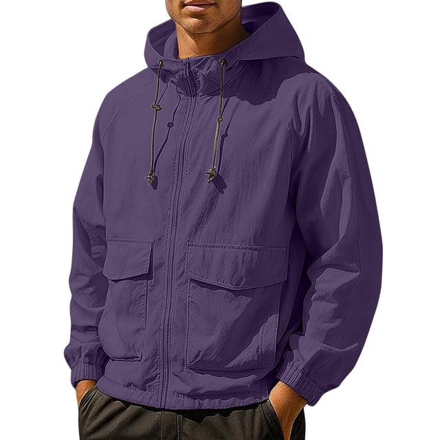LNWUY Men's Lightweight Waterproof Jacket Zipper Up Rain Coat Windproof Multiple Pockets Long Sleeved Hooded Athletic Jacket Purple M
