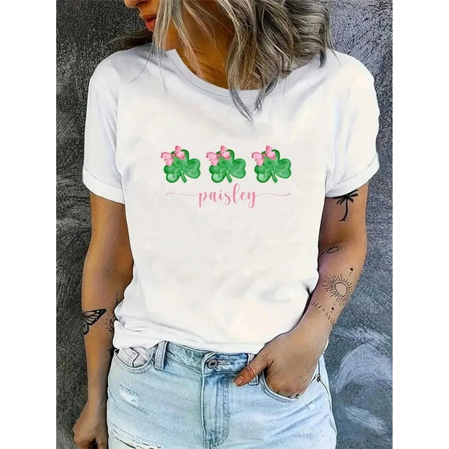 Camisetas para mujer, de verano, casual, manga corta, cuello redondo, con estampado, color blanco negro, blusaWomens St. Patricks Day Clover Print T-Shirt, TShirt Casual Round Neck Short Sleeve Cott