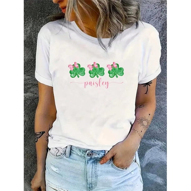 Womens St. Patricks Day Clover Print T-Shirt, TShirt Casual Round Neck Short Sleeve Cotton Street WeCamisetas de verano para mujer, manga corta, cuello redondo, casual, lindo, con gráficos, camisetas