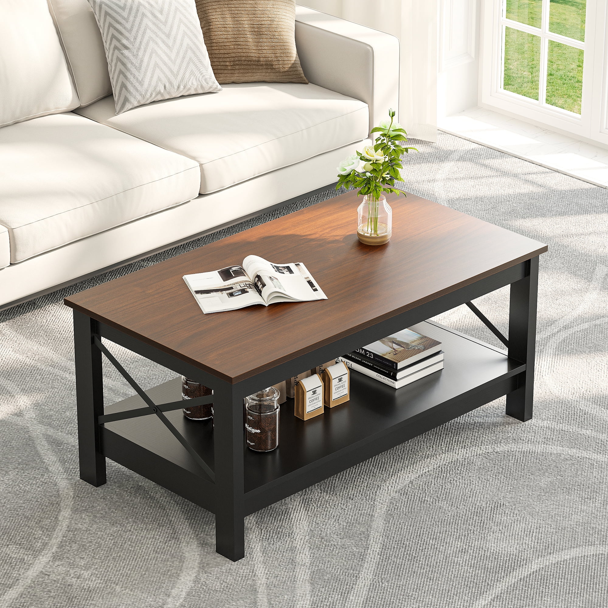Dextrus Farmhouse Wood Coffee Table with Storage Shelf, Brown