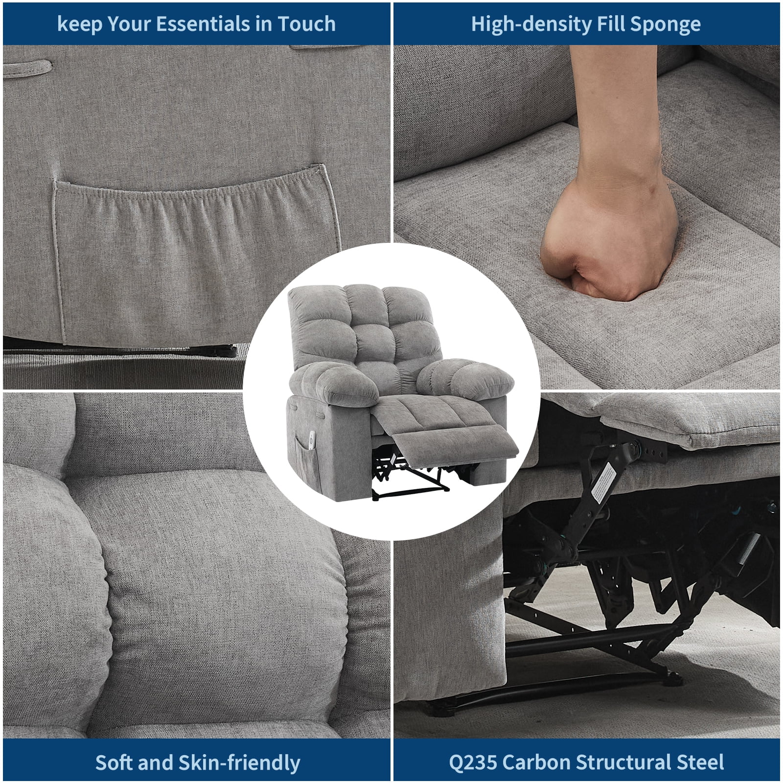 Nursery Rocking Chairs, Rocking Chair with Massage and Heat,Heat Ergonomic Overstuffed Breathable Fabric Reclining Chair with 2 Side Pockets, Remote Control, Living Room, Bedroom