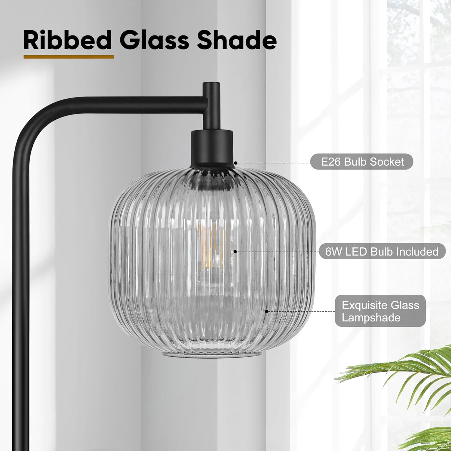 67” Modern Glass Floor Lamp for Living Room, Standing Lamp with Ribbed Grey Glass Lampshade Pedal Switch for Bedroom Study Room, Black (Bulb Included)