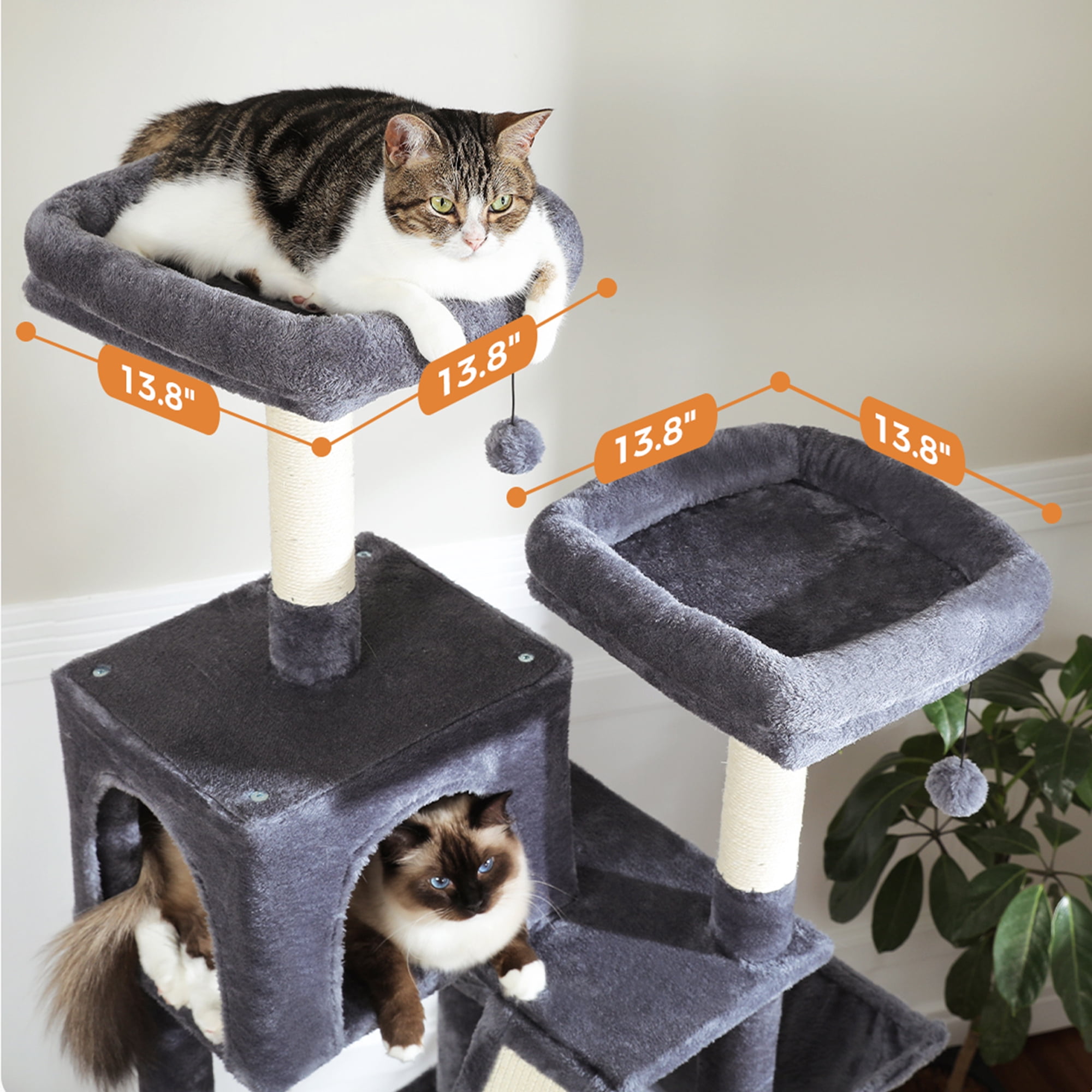 Pefilos 70" Large Cat Tree for Indoor Cats, Multi-Level Cat Tower Cat Scratching Post with 2 Perches, 2 Condos, Hammock and 2 Pompoms, Dark Gray