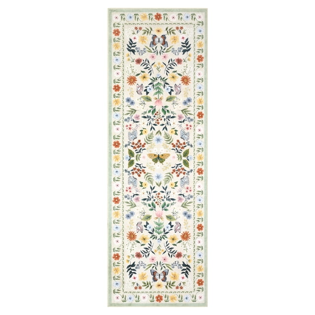 Washable Floral Boho Runner Rug - Non-Slip Low Pile, Mark Resistant, Soft Modern Accent Carpet for Hallway, Kitchen, Entryway - Beige, 2x6ft (61x183cm), US Version