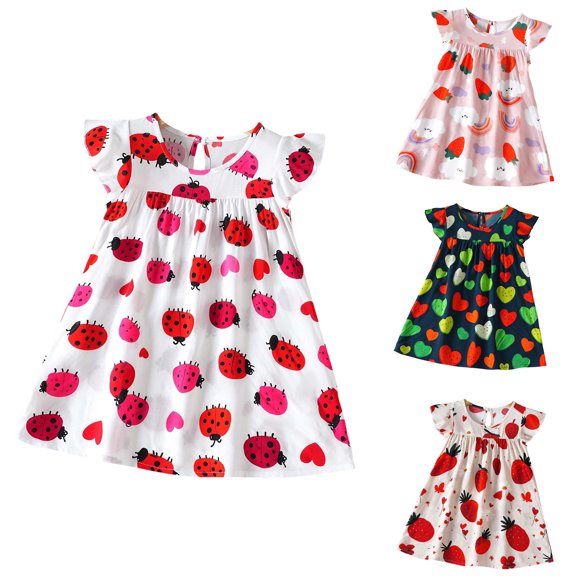 SROBPTY Girls Summer Dress Print Crew Neck Short Sleeve Mid-Length Sundress for 3 Months -3 Years