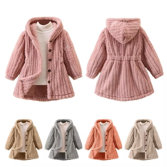 Bovxnpu Toddler Boys Girls Fall Winter Jacket, Girls Hooded Fleece Jacket Zipper Coat, Fashionable Girls' Solid Color Jacket Warm Hooded Cardigan Long Jacket
