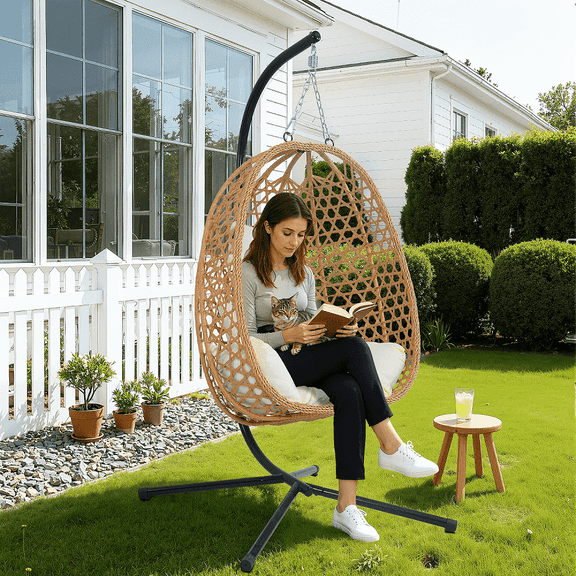 AstrPthylx Hanging Egg Chair with Stand - All-Weather Rattan Swing Chair & Cushions for Patio, Balcony, Garden, 350lb Capacity (Beige)