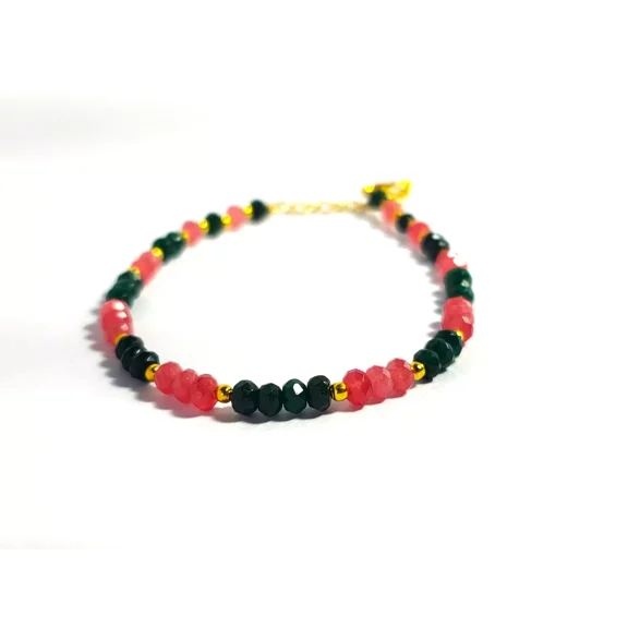 ROYALGEMSTONE Handcrafted Natural Jade Beaded Bracelet, Pink and Green with Gold Accents