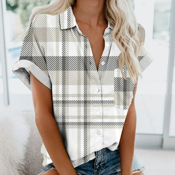 Ayolanni Plaid Womens Basic Tops Short Sleeve White Pocket Collared Button-Up Shirts T Shirts for Women L