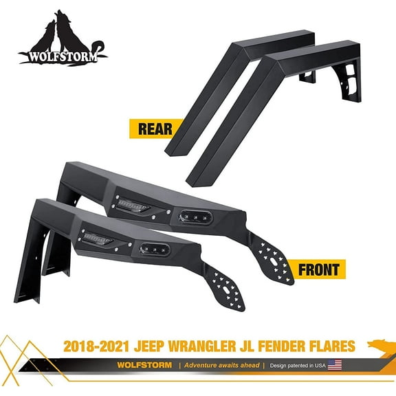 WOLFSTORM Fender Flares for 18-21 Jeep Wrangler JL JLU Front&Rear Offroad Powder Coated With LED DRL Lights and Sequential LED Turn Lights 4PCS(Front Rear Fender Flares)