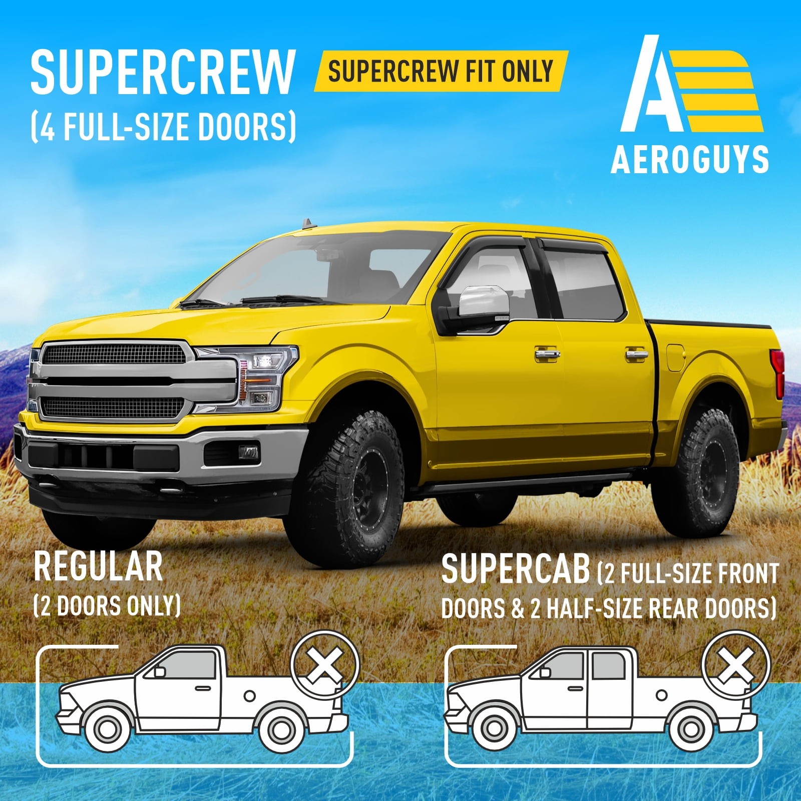 AEROGUYS Tape-On Window Deflectors Extra Durable Window Rain Guards Fit for Ford F-150 2015-2026 SuperCrew, Sun Visors, Wind Deflectors,Vent Visors,Truck Accessories - 4pcs. AG0050